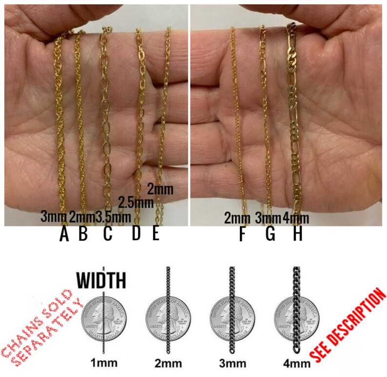 May include: Several gold-coloured chain necklaces in various styles and widths, including rope, oval link, and Figaro chains. The image also shows chain width comparisons next to a UK coin.