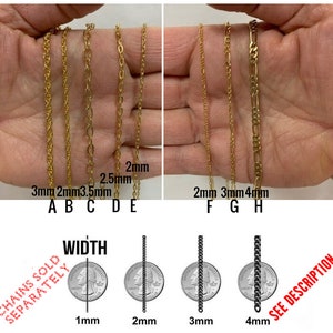 May include: Close-up of gold chains of different widths, measured in millimetres. The chains are laid out on a hand, with the widths labelled A through H. Below, the chains are shown next to US dollar coins to illustrate the width of each chain.