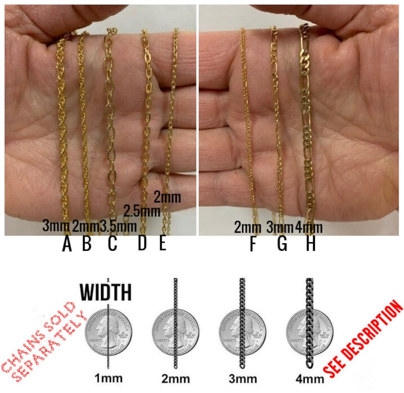 Puede incluir: Se muestran varios collares de cadena dorados en diferentes estilos y anchos. La imagen incluye cadenas de cuerda, de eslabones ovalados y Figaro. Se muestran comparaciones de ancho de cadena, que van de 1 mm a 4 mm.