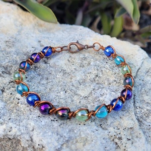 Peacock Iridescent Glass Beaded Copper Bracelet