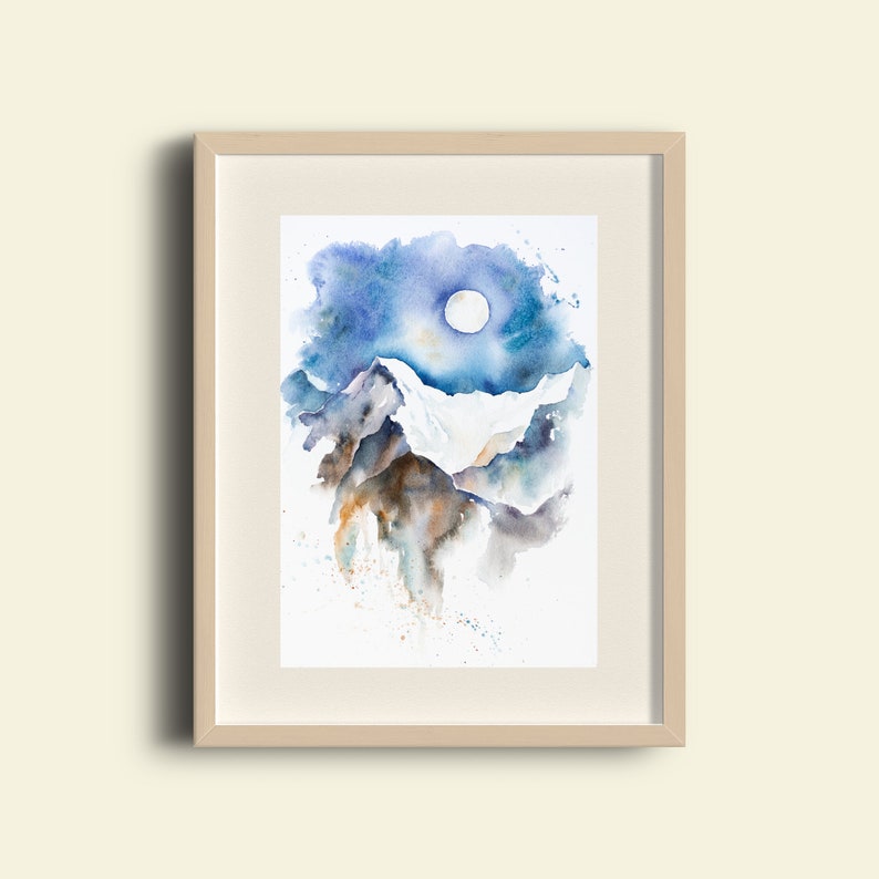 Gift for an Adventurer Snowy Mountain Fine Art Watercolour Landscape Giclee Print A4 Full Moon Mountains Gift for a Nature Lover