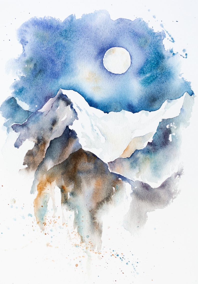 Gift for an Adventurer Snowy Mountain Fine Art Watercolour Landscape Giclee Print A4 Full Moon Mountains Gift for a Nature Lover