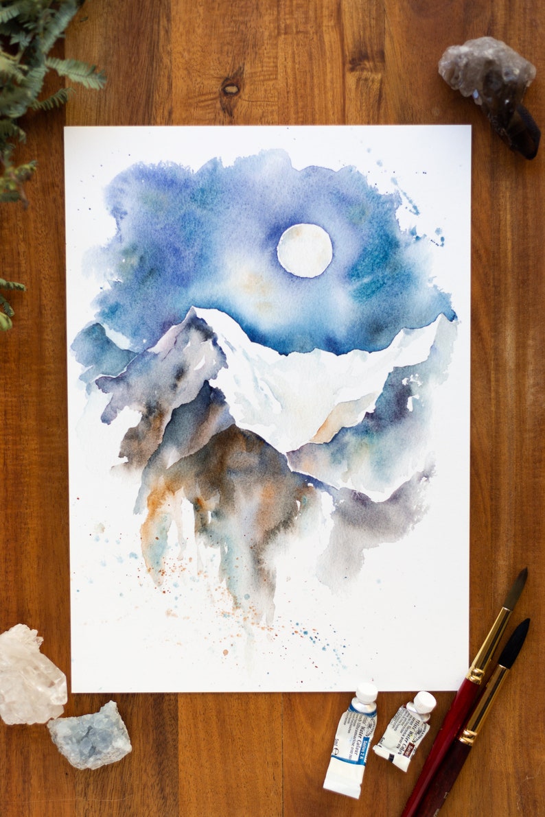 Gift for an Adventurer Snowy Mountain Fine Art Watercolour Landscape Giclee Print A4 Full Moon Mountains Gift for a Nature Lover
