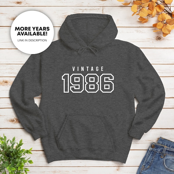 1986 Vintage Hoodie, gemaakt in 1986, 37 jaar oud, 37e verjaardag, broer zus, familie vriend geschenken, geboren in 1986, Varsity hooded sweatshirt