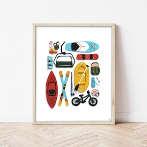 Adventure Wall Art, Activity Print, Hiking, Biking, Snowboarding, Skiing, Rock Climbing, Ski Lift, Kayak, Rafting, Mountain Sports Art Print
