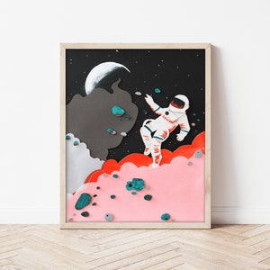 Astronaut Papierkunst, Raumfahrt Wandkunst, Neil Armstark Kunst, Mondlandung Plakat, Reiseplakat, Mars Wandkunst, Galaxie Landschaft, Asteroid