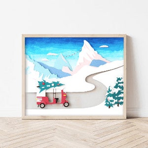Impressão de Natal do Himalaia, Impressão de Natal de Viagem, Cena de Neve do Himalaia, Arte de Parede de Natal, Impressão de Neve na Montanha, Cartão de Árvore de Natal no Carro