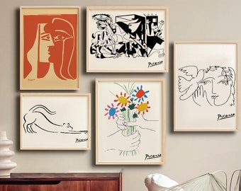 Pablo Picasso Set of 5 Print, Gallery Wall Art Set of 5 Poster, Exhibition Poster Gallery, Picasso Kiss Print, Picasso Cat and Flower Bundle