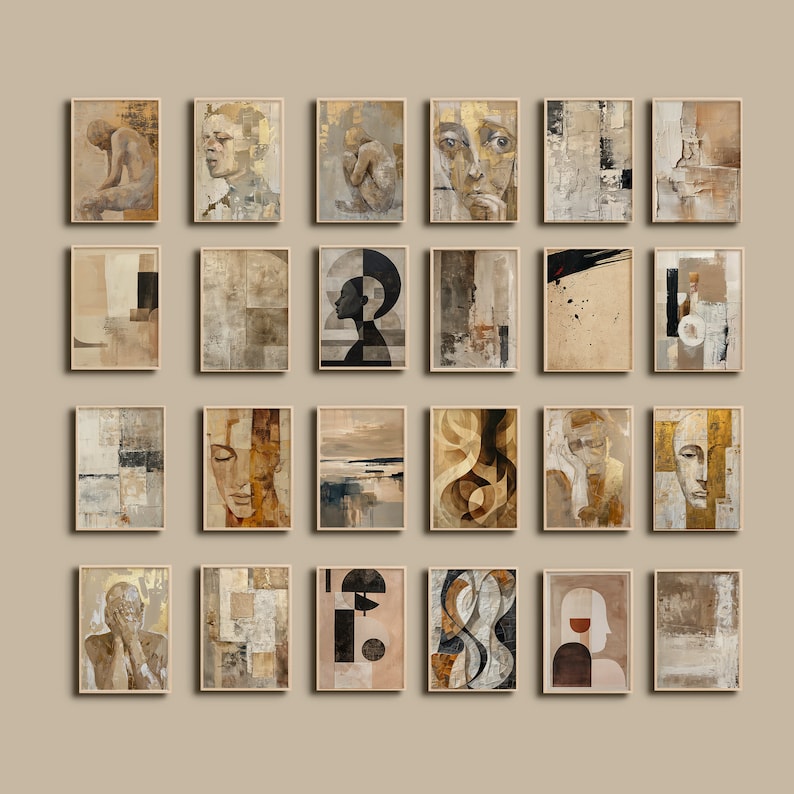 May include: A gallery wall of 20 framed abstract paintings in various styles and colors, including gold, brown, black, and white. The paintings feature geometric shapes, figures, and landscapes.