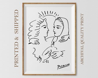 May include: Black and white line drawing of two figures embracing, with a dove in between them. The drawing is signed "Picasso" in the bottom right corner.