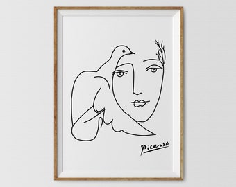 May include: Black and white line drawing of a woman's face with a dove resting on her shoulder. The drawing is signed "Picasso" in the bottom right corner.