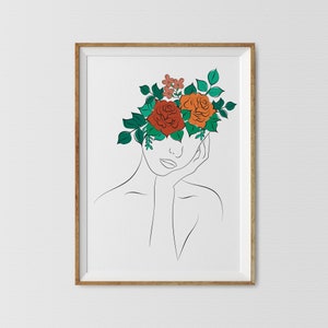 Frau Blumenkopf Poster, Weibliche Silhouette Line Art, Beauty Fashion Stylish Print, Linie Zeichnung Rosen, BlumenStrauß Kopf, Rosen Line Art