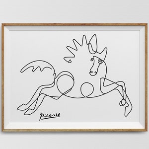 May include: A black and white line drawing of a horse, created in the style of Pablo Picasso. The drawing is framed in a light wood frame.