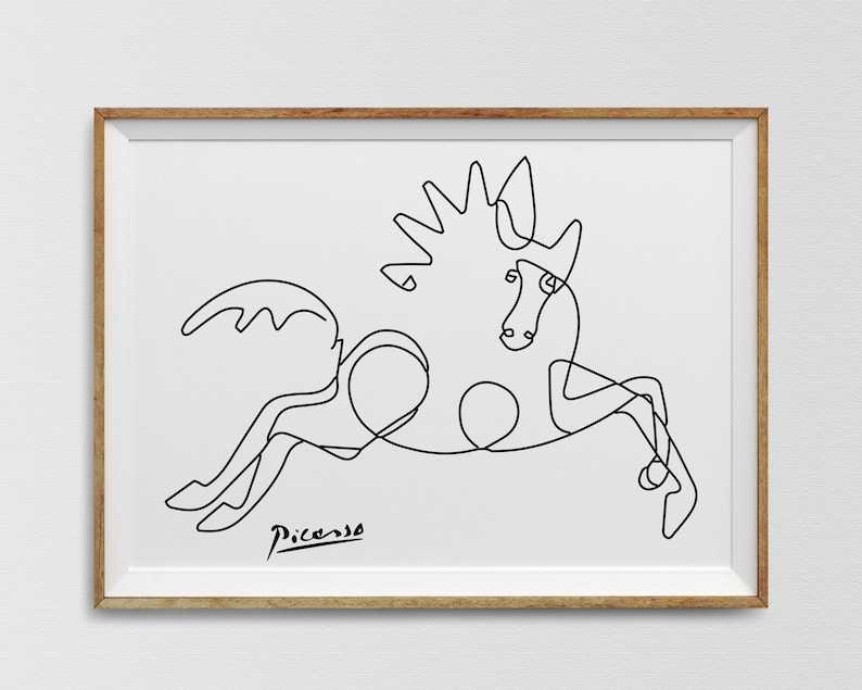 May include: A black and white line drawing of a horse, created in the style of Pablo Picasso. The drawing is framed in a light wood frame.