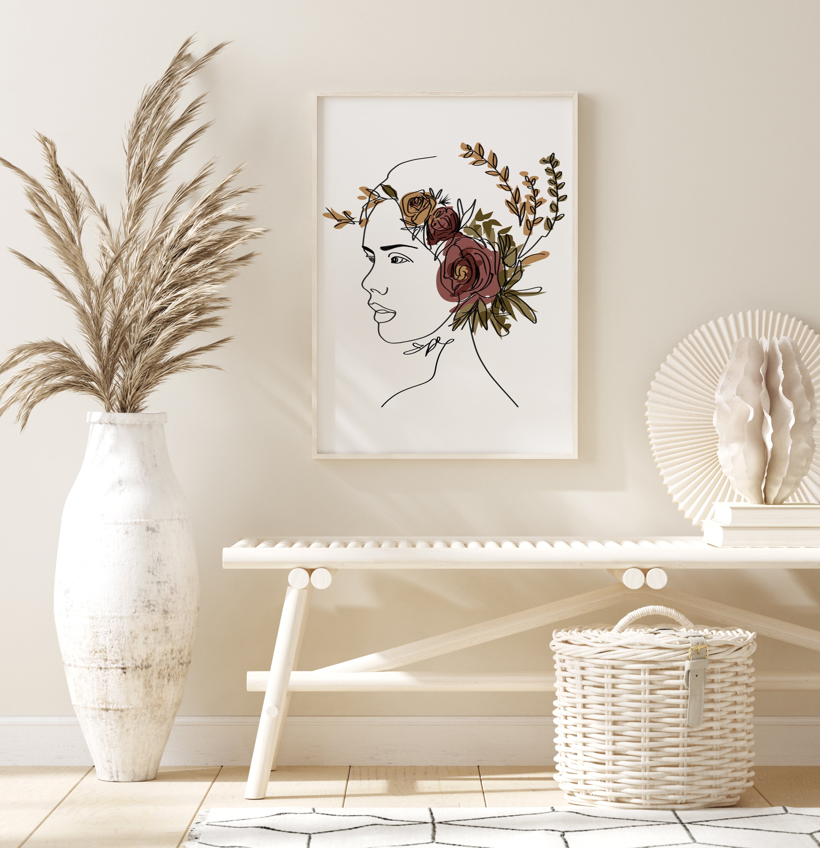 Female Line Art Print, Head of Flowers, Boho Minimalist Decor - Etsy