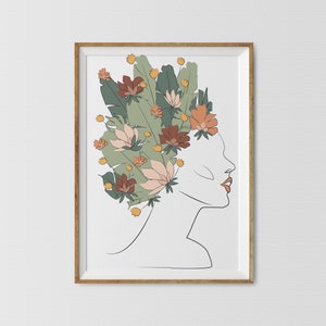 Arte de linha de mulher florida, desenho minimalista de mulher, impressão artística de cabeça de flores, arte de linha de corpo de mulher, pôster de corpo feminino, impressão de mulher de uma linha
