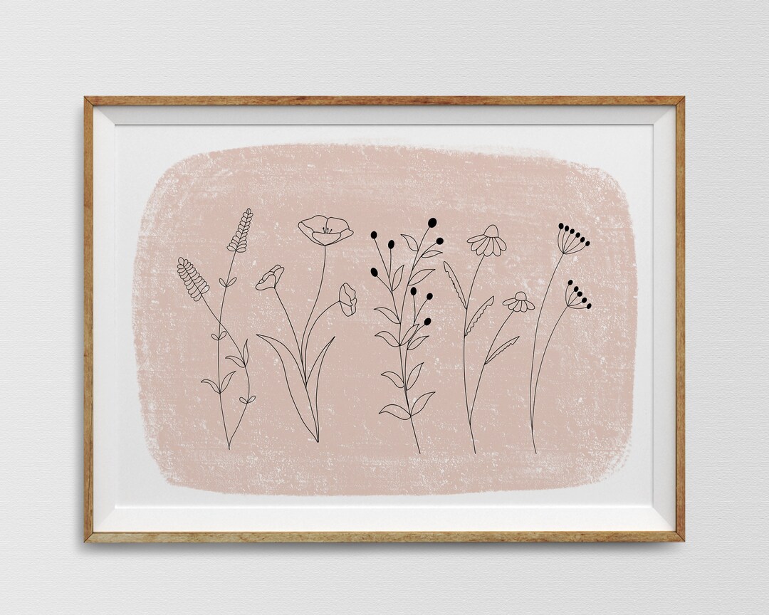 Minimalist Line Pink Flowers Wall Art, Wild Flowers Print, Modern ...