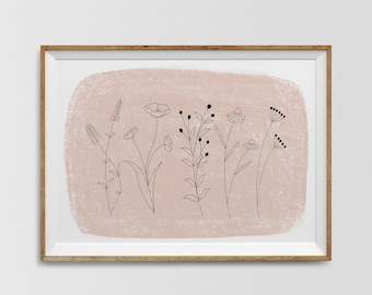 Minimalistische roze wilde bloemenlijnkunstprint (digitale download)