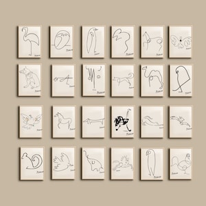 PACCHETTO COMPLETO Picasso Animals Set di 24 stampe artistiche da parete, poster minimalista con disegni di Pablo Picasso per bambini, schizzi di Picasso a una linea