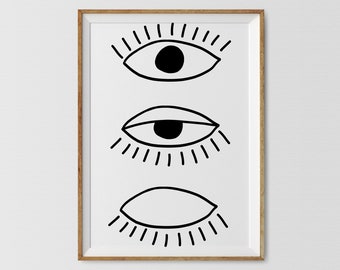Impresión artística de líneas de ojos bohemios: decoración minimalista en blanco y negro (descarga digital)