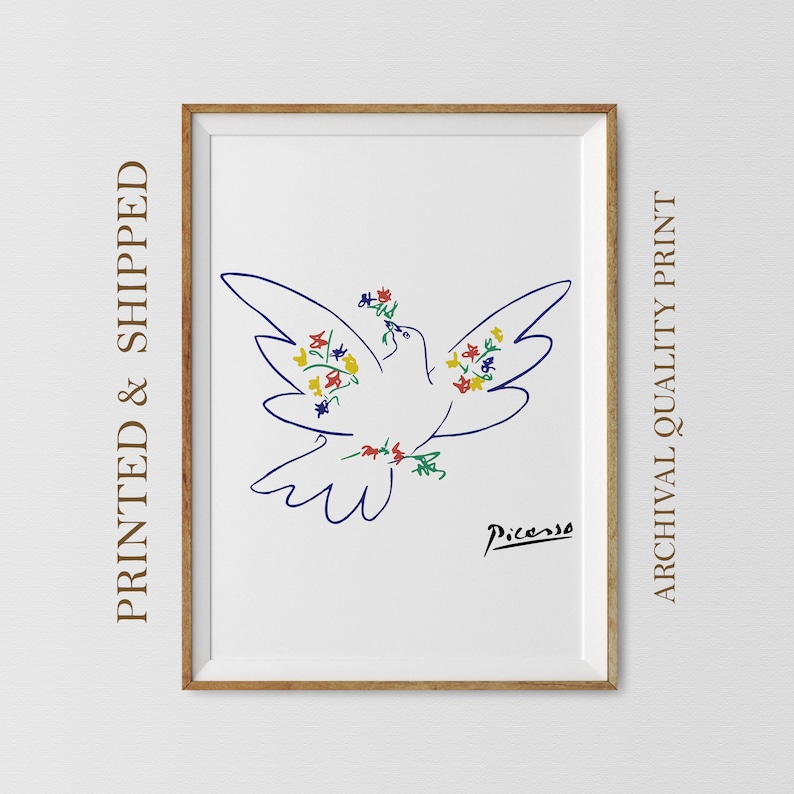 May include: A line drawing of a white dove with blue wings carrying a bouquet of colorful flowers. The dove is flying and the artist's signature, "Picasso", is in the bottom right corner.