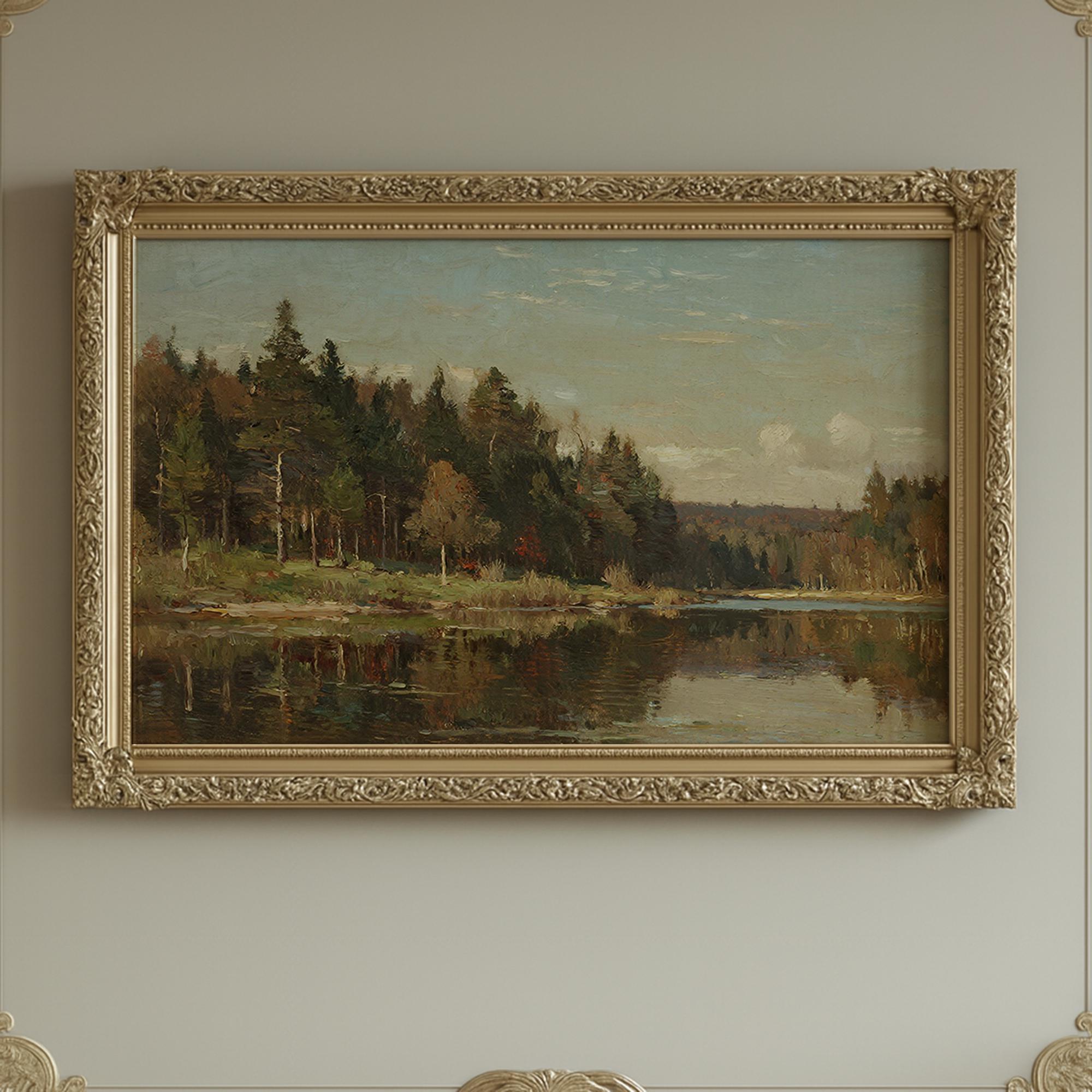 Vintage Forest Lake Landscape Art | Rustic Oil Painting Style (digital ...