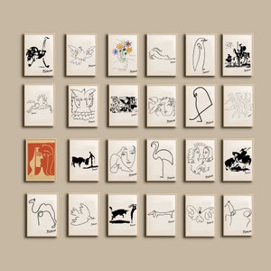 Set di stampe da parete Picasso 24 Bundle Gallery, stampe da parete con animali di Picasso, stampe da parete con baci di Pablo Picasso, set di stampe da parete con schizzi, poster di mostre