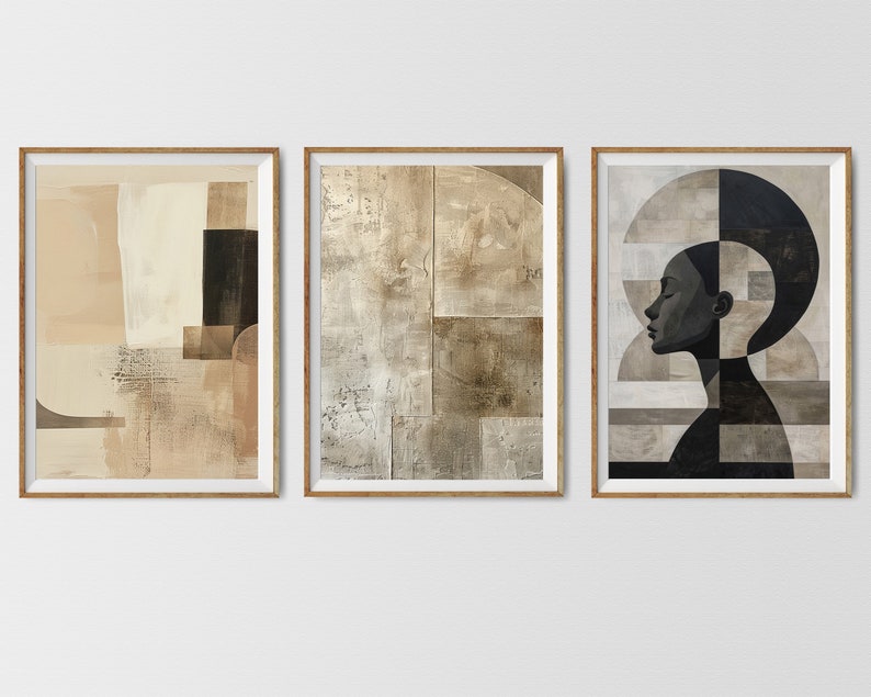 May include: Three framed abstract art prints with geometric shapes and muted colors. The left print features a beige and brown abstract design. The center print features a beige and brown abstract design. The right print features a black and white silhouette of a person's face with geometric shapes.