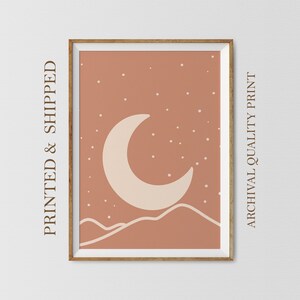 Abstract Mountains and Moon Print, Abstract Landscape Poster, Moon and Stars Art, Celestial Nursery Printable, Pink Boho Nursery Print