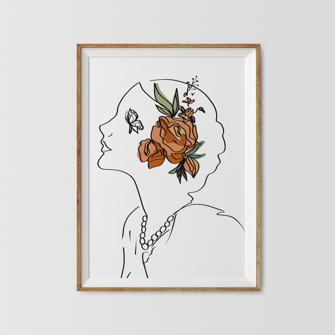 Butterfly Girl Line Art Print: Abstract Woman With Flowers (digital ...