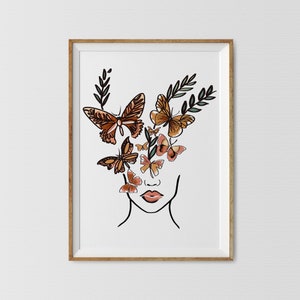 Woman With Butterfly Line Art Print, Plant Head Woman Art, Female With Butterflys Art, Flower Head Line Art, Fashion Woman Line Art Print