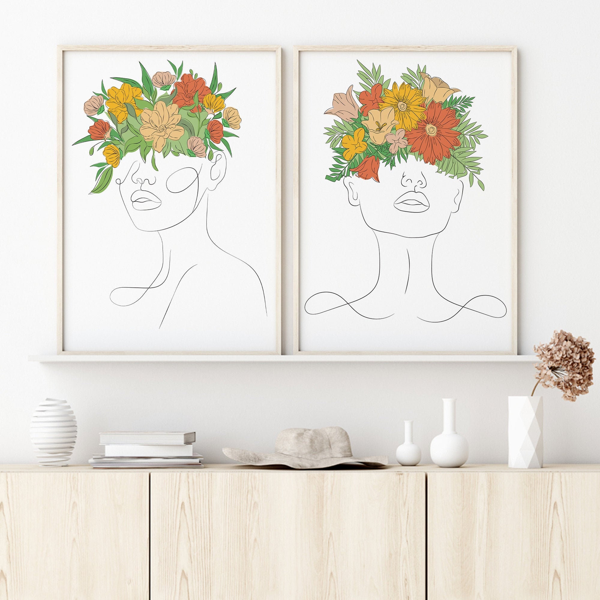 Floral Woman Line Art Print Set: Minimalist Gallery Wall (digital ...