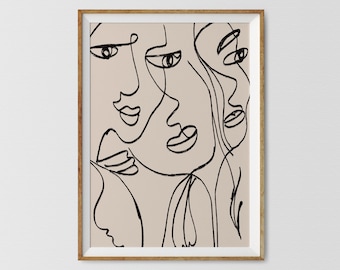 Impresión de arte lineal de rostros abstractos: Decoración minimalista para el hogar (descarga digital)