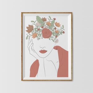 Frau mit Pflanzen am Kopf, Blumen Frau Druck Eins, weibliches Gesicht Linie Zeichnung Kunstdruck, druckbare Blumenkopf Kunst, Blumenillustration