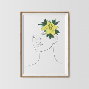 Impressão artística de girassóis, impressão de mulher afro, rosto com flores amarelo-mostarda, arte de linhas corporais femininas, impressão de mulher com cabeça de flor, arte contemporânea