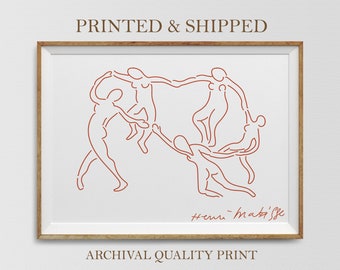 May include: A line drawing of five figures dancing in a circle. The figures are drawn in a simple, minimalist style with a reddish-brown color. The drawing is signed "Henri Matisse".