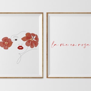 Póster de arte mural "La Vie En Rose", impresión feminista, arte lineal con un conjunto de mujeres, impresión en oro rosa, arte mural con cita en francés, juego de 2 diseños lineales, arte con cita.