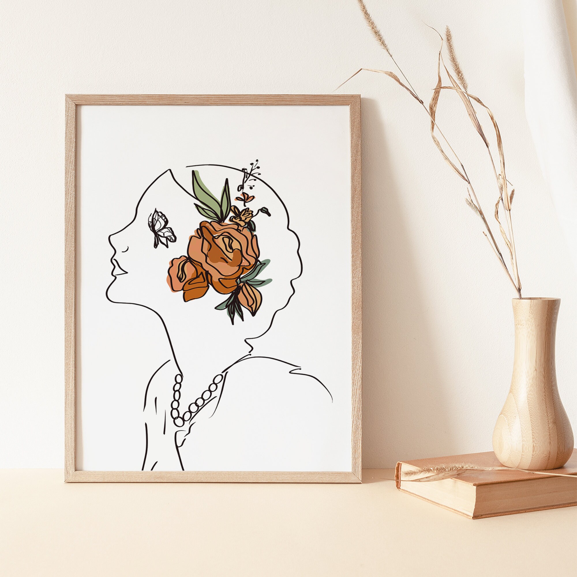Butterfly Girl Line Art Print: Abstract Woman With Flowers (digital ...
