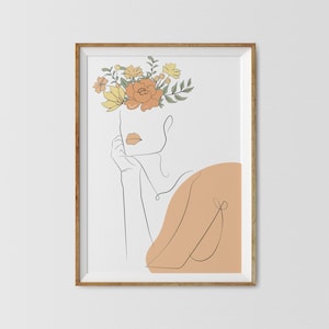 Frau mit Pflanzen Poster, Blumen Frau Line Art, Kopf der Blumen Kunstdruck, Gesicht der Blume Wand Kunst Druck, Frau Figur Zeichnung, Frau Druck