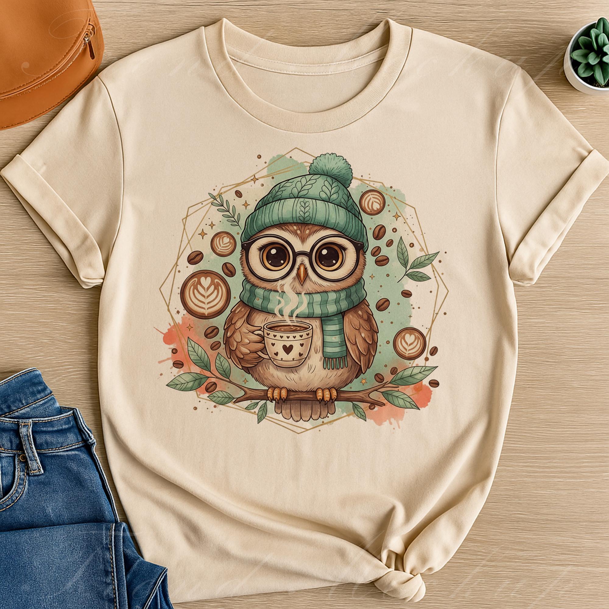 Winter Coffee Owl T-Shirt Design: Cozy Woodland PNG (Digital Download)