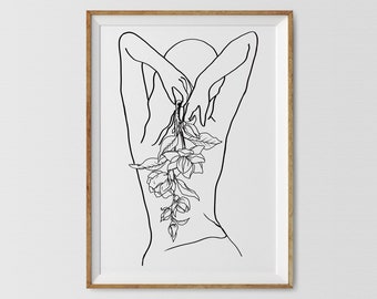 Female Figure Line Art Print: Woman with Flowers (Digital Download)