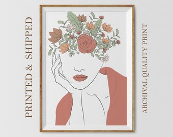 Flower Face Art Print, Woman Line Art Poster, Female Illustration, Minimal Art, Plant Lady Line Art, Beauty Room Poster, PRINTED and SHIPPED