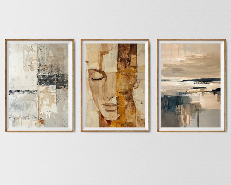 May include: Three abstract paintings in brown, beige, and gray tones. The leftmost painting features geometric shapes and textures. The center painting depicts a close-up of a woman's face. The rightmost painting shows a landscape with a horizon line and water.