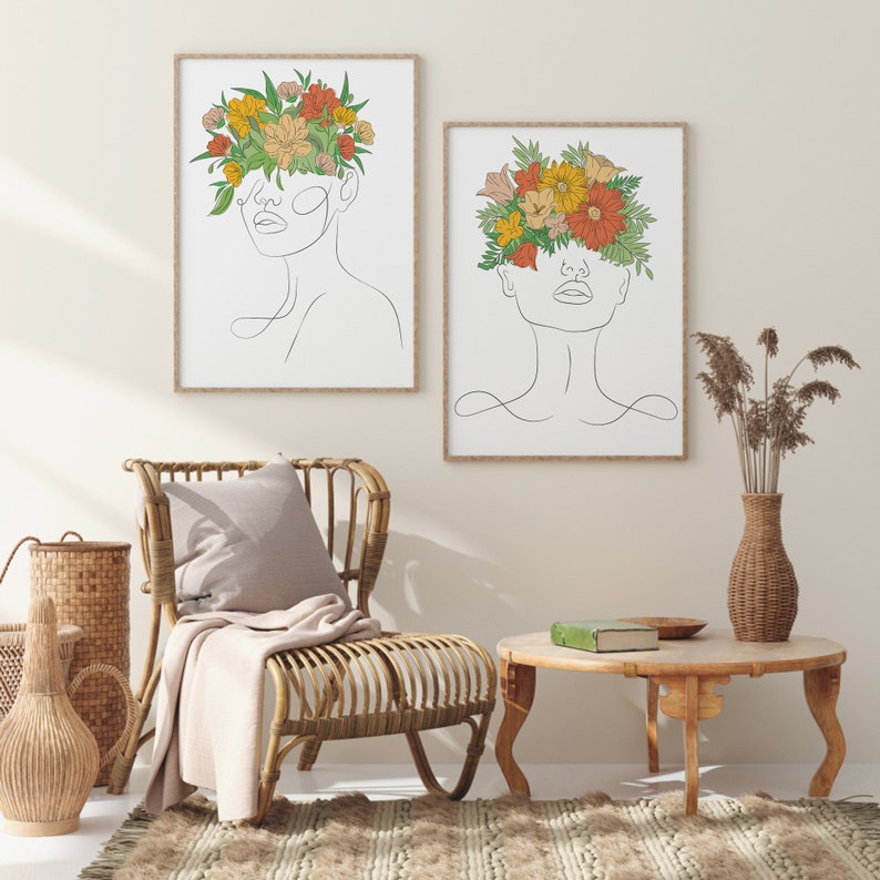 Floral Woman Line Art Print Set: Minimalist Gallery Wall (digital ...