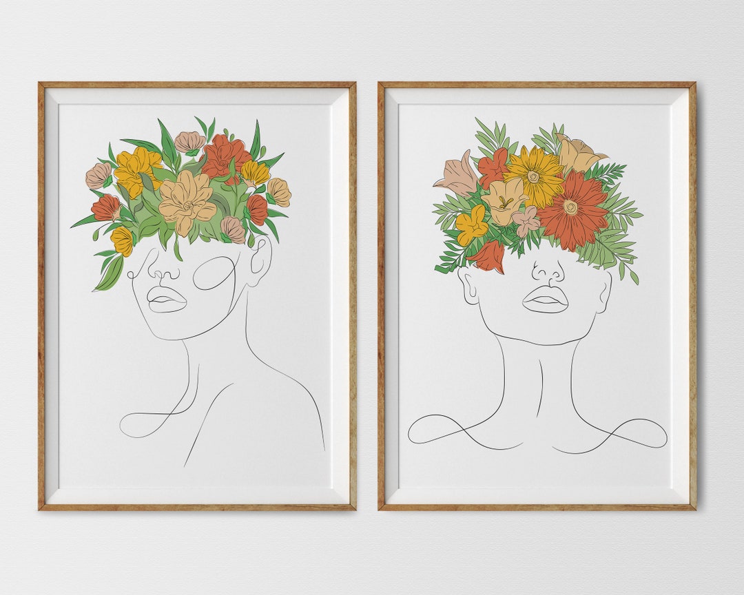 Floral Woman Line Art Print Set: Minimalist Gallery Wall (digital ...