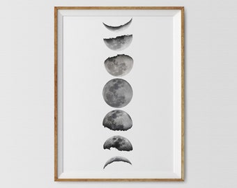 Minimalistische kunst maanstanden: zwart-witposter astronomie (digitale download)