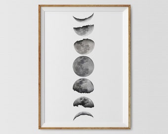 Moon Phases Wall Art, Minimalist Moon Art, Black and White Moon Phases, Astronomy Poster, Moon Phase Lunar Phases, Moon Cycle Printable