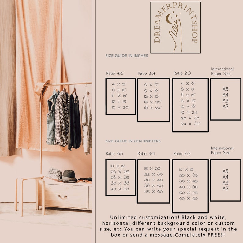 Op de afbeelding: Een maattabel voor prints in inches en centimeters. De tabel toont verschillende beeldverhoudingen en de bijbehorende afdrukformaten. De tabel bevat ook internationale papierformaten, zoals A5, A4, A3 en A2. De tekst onderaan luidt: "Onbeperkte aanpassing! Zwart-wit, horizontaal, andere achtergrondkleur of aangepaste maat, enz. U kunt uw speciale verzoek in het vak schrijven of een bericht sturen. Volledig GRATIS!!!"
