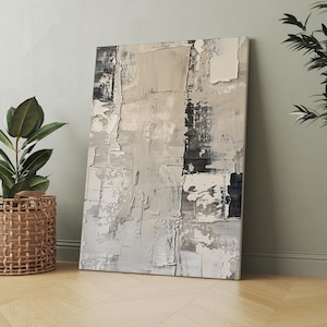 Getextureerde abstracte canvasprint: beige en zwarte moderne kunst
