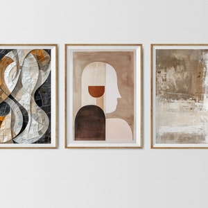 May include: Three framed abstract art prints with geometric shapes and muted colors. The prints feature a mosaic pattern, a profile of a person, and a textured background.